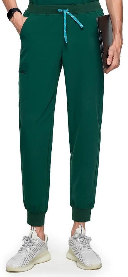Green jogger scrub trousers with a drawcord waist and ribbed cuffs, from the supplied catalogue
