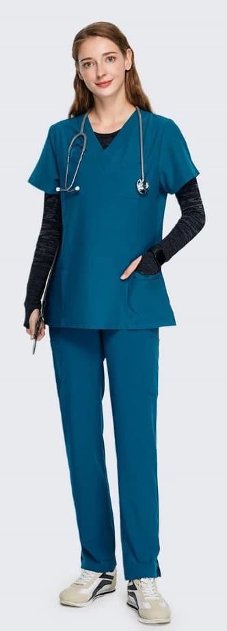 Teal V-neck scrub top and straight-leg trousers, from the supplied catalogue