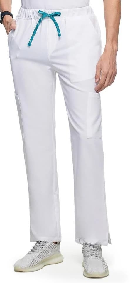 White drawcord scrub trousers with straight legs, from the supplied catalogue