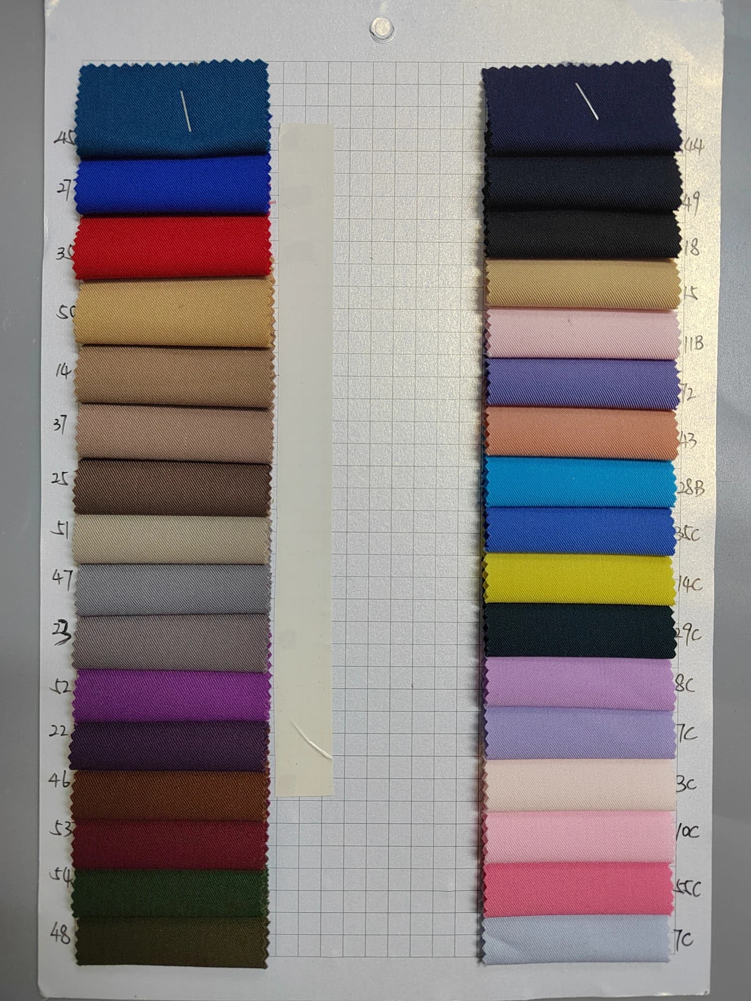 Two columns of fabric color swatches with handwritten reference numbers, supplied by Raise